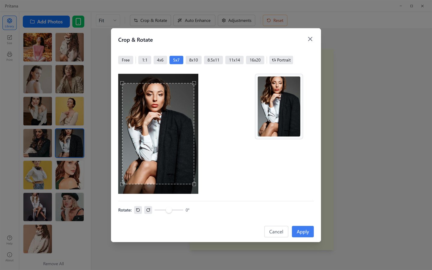 Crop & Rotate dialog with print-ratio presets, rotation slider and result preview