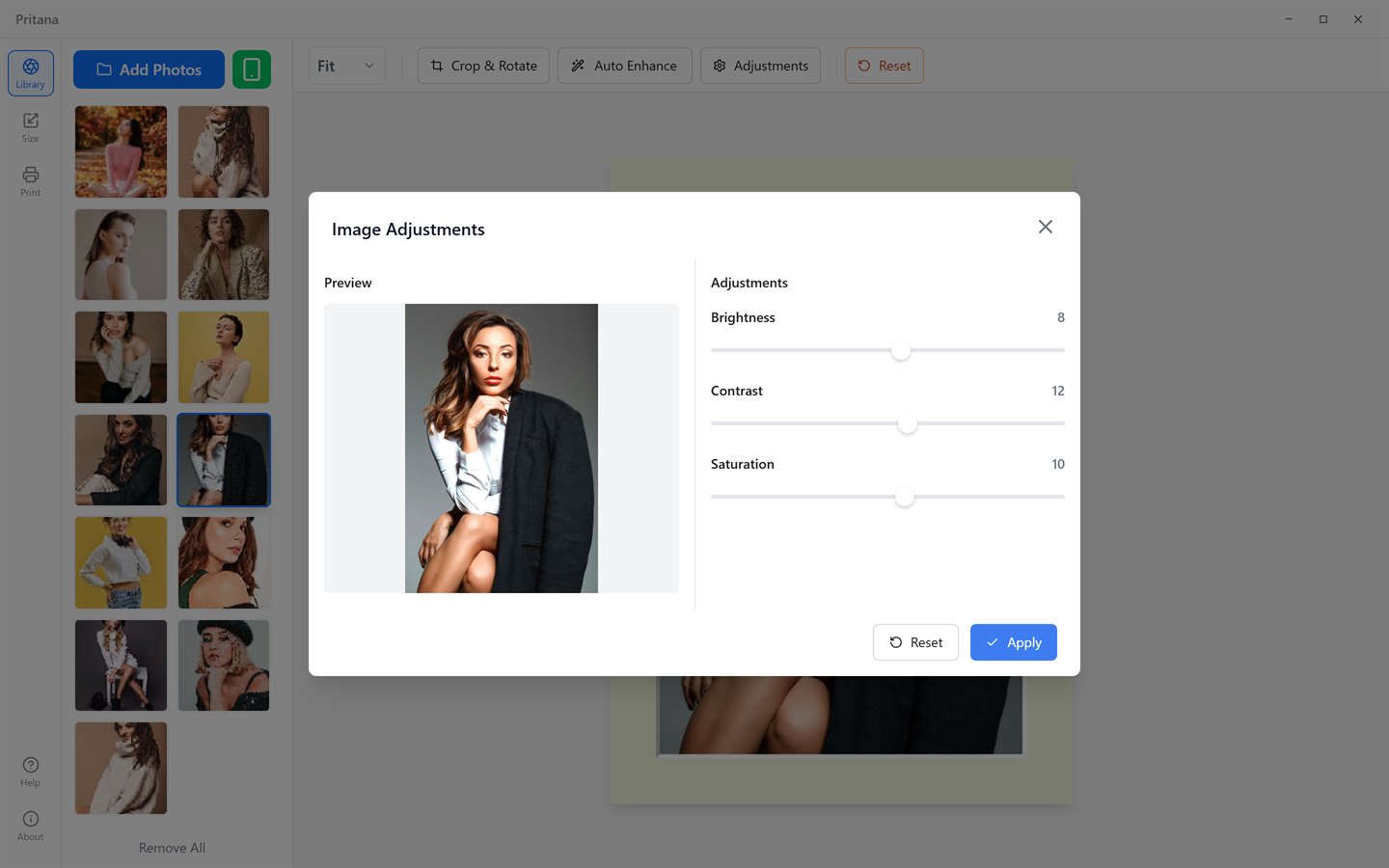 Image Adjustments dialog with brightness, contrast and saturation sliders