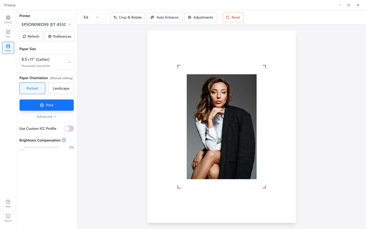 Print panel with printer, paper size, orientation, ICC profile and brightness compensation