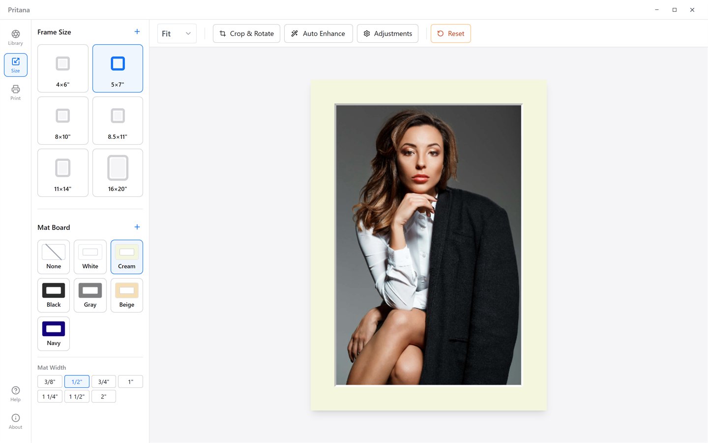 Size panel with frame sizes, mat board colors and mat widths